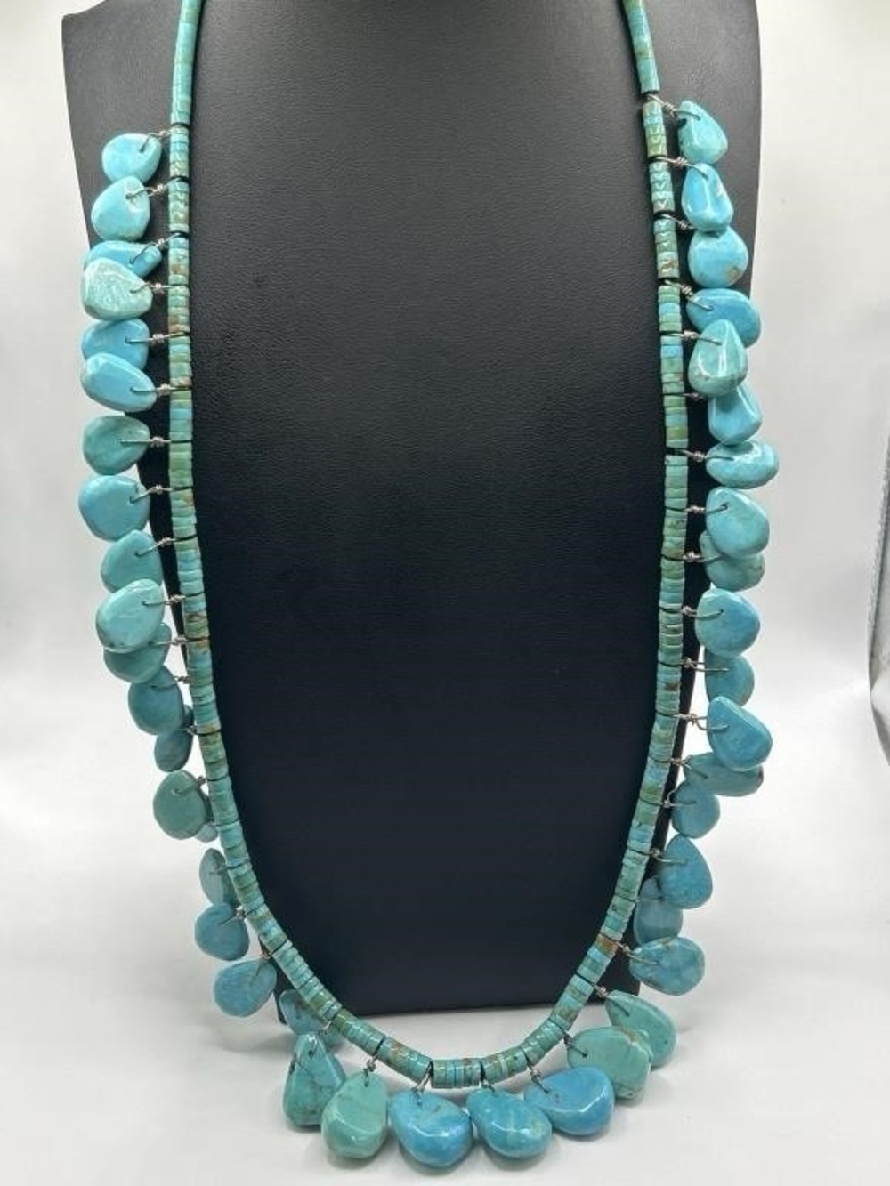 Vintage Native American Turquoise Heishi Teardrop Necklace 28” Sterling Clasp